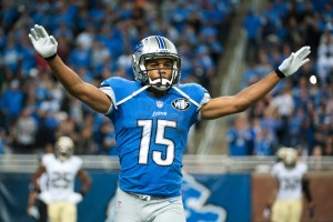 Oct 19, 2014; Detroit, MI, USA; Detroit Lions wide receiver Golden Tate (15) celebrates his touchdown during the fourth quarter against the New Orleans Saints at Ford Field. Detroit won 24-23. Mandatory Credit: Tim Fuller-USA TODAY Sports